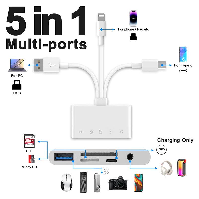 Universal 3-Wire 5-Port Card Reader for Phones & Computers, 9-in-1 TF/SD Camera OTG Adapter with Charging.