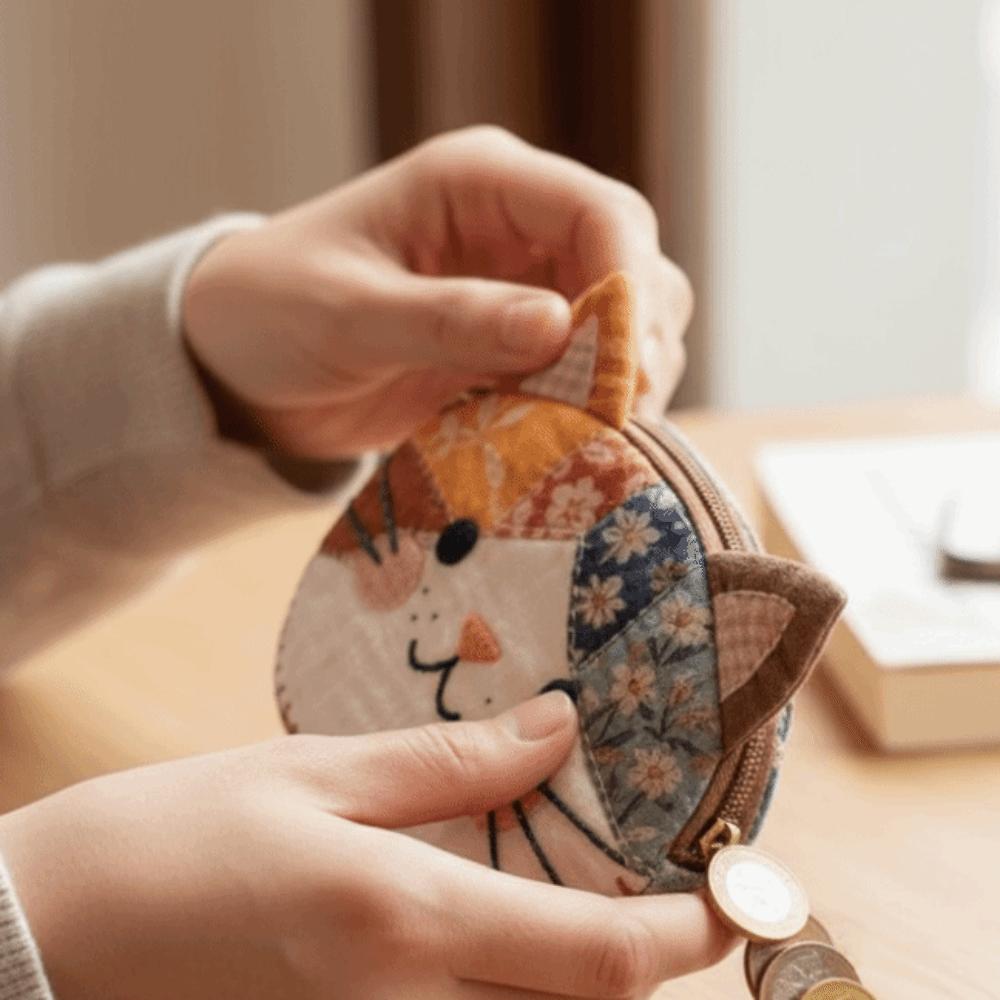 Portable Patchwork Coin Purse Small Size Cute Pattern Cat Storage Case Large Capacity Zipper Design Stationery Pouch Household
