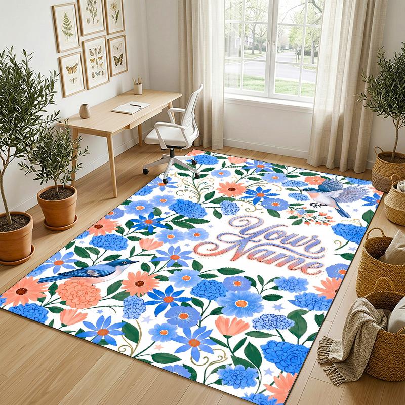 Floral Birds Artwork Theme Soft Crystal Velvet Rug Custom Name & Text Print Non Slip Floor Rug for Bedroom Living Room