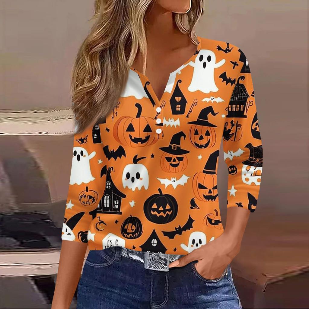 Damen Lässige Mode V-Ausschnitt Locker Vielseitig Halloween-Print Dreiviertelarm Oberteil