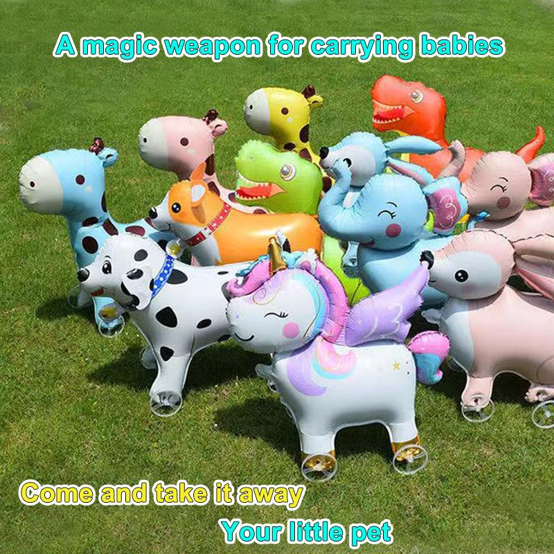 Cartoon Animals Stand Up Aluminum Film Balloons With Wheels Unicorn Tiger Giraffe Elephant Dinosaur Birthday Party Decoration