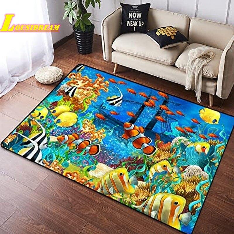 Underwater World Carpet Ocean Carpet Cute Dolphin Pattern Anti-slip Floor Mat Living Room Bedroom Sofa Children's Room Carpet