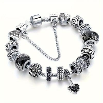 Vintage silbrige Farbe schwarze Perlen Armband Freund Liebe herzförmige Armreifen bestes Geschenk für jemanden Armband Schmuck
