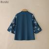 ZANZEA Women Casual Stand Collar Loose Print Splice 3/4 Sleeve Blouse