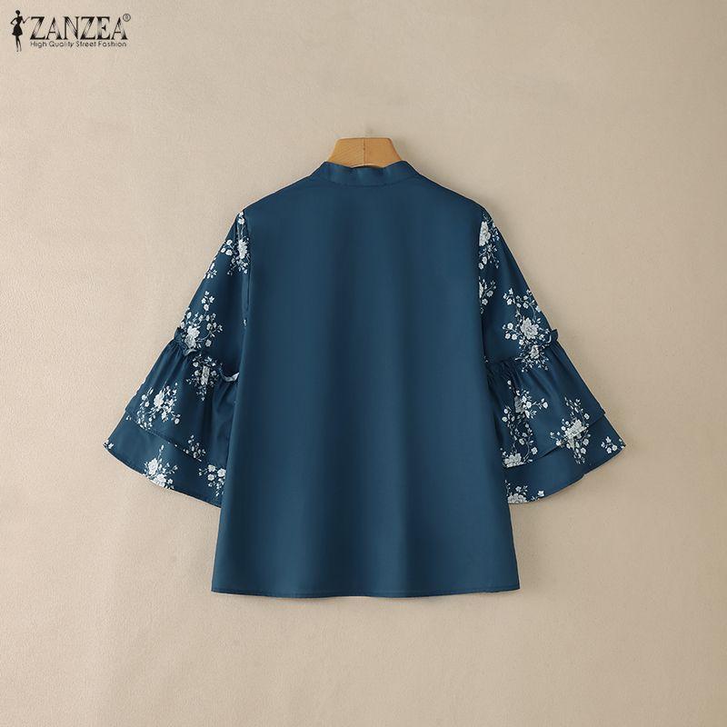 ZANZEA Women Casual Stand Collar Loose Print Splice 3/4 Sleeve Blouse