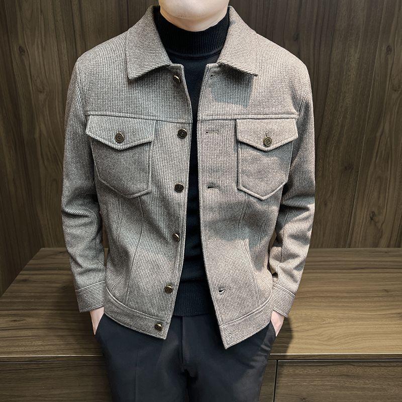 Short Woolen Jacket Men's Trendy Autumn and Winter  New Plaid Jacket Versatile Coat