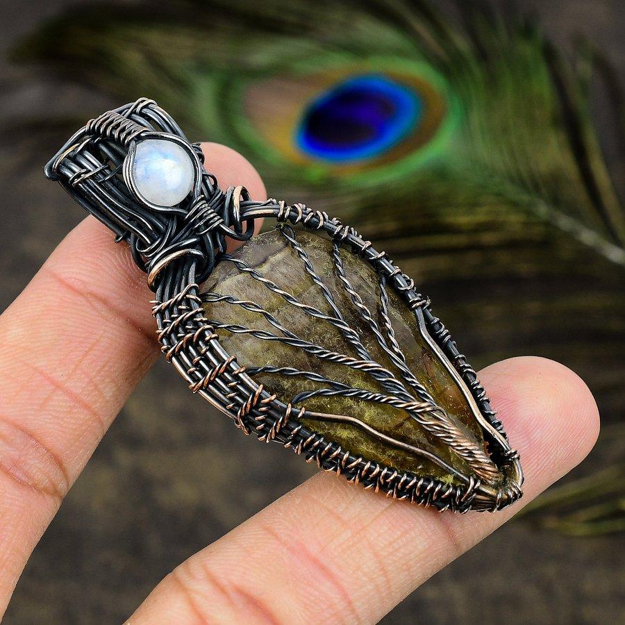 Fluorite, Moonstone Gemstone Copper Wire Wrap Jewelry Pendant 2.84"