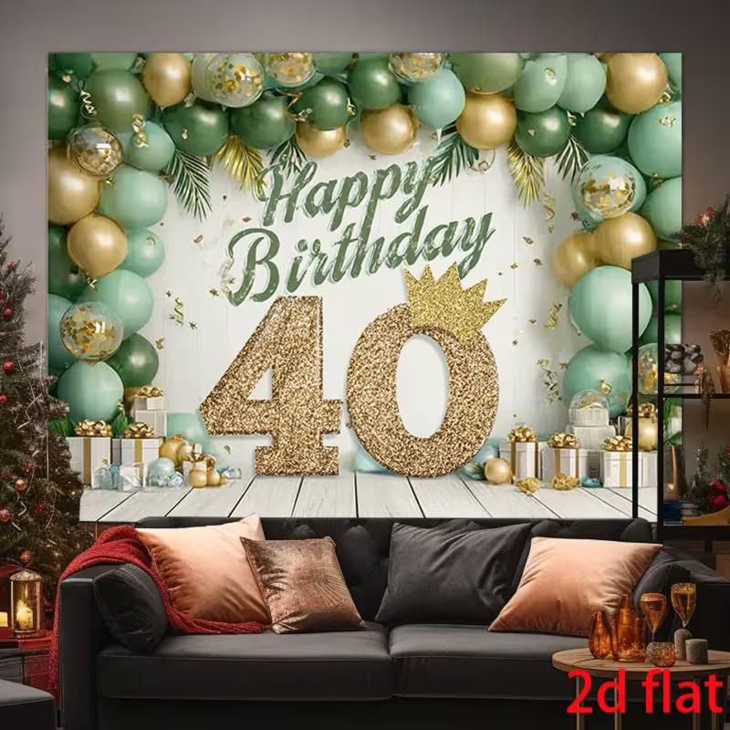 2D Flat Print Green Gold 40th Birthday Backdrop for Party Photo Booth
