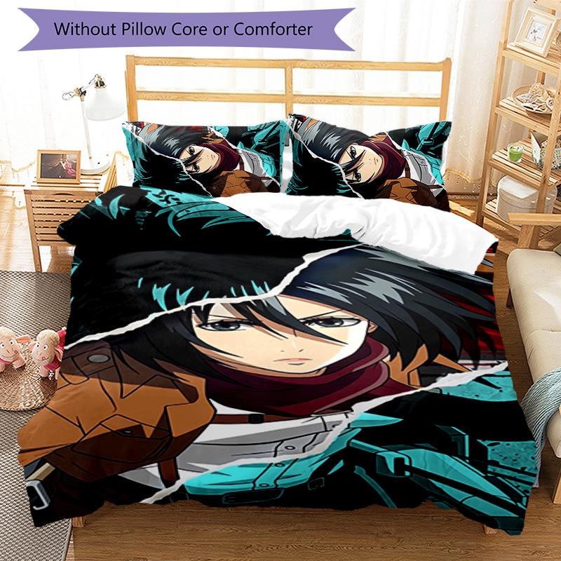 Eren & Mikasa 3pcs Bedding Set Duvet Cover Closure Includes 1 Duvet Cover & 2 Pillowcases for All Seasons Bedroom Home Dorm Decor