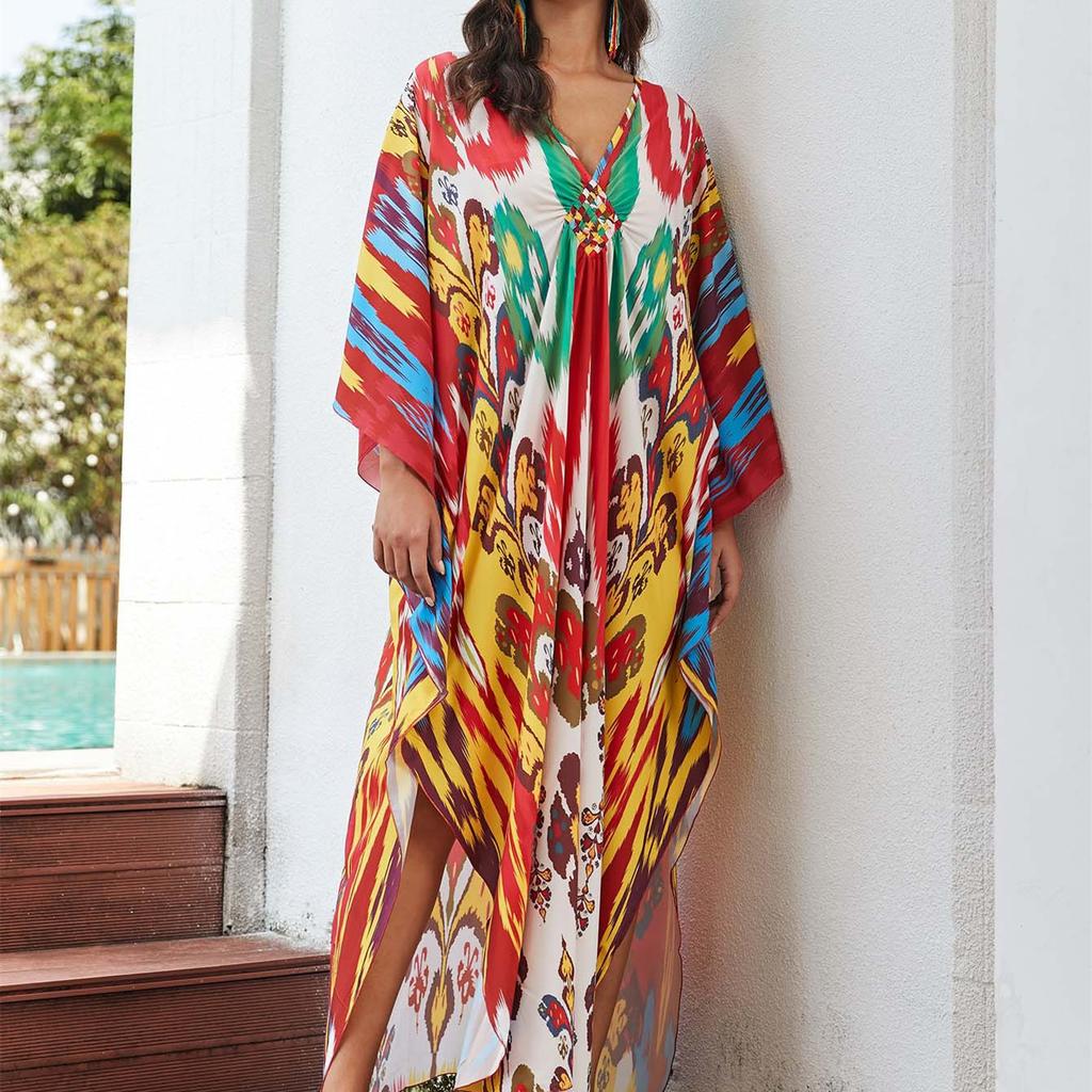 YYFS Damenmode Urlaub Sommer Frühling Blumenmuster Druck Langarm V-Ausschnitt Freizeitkleider