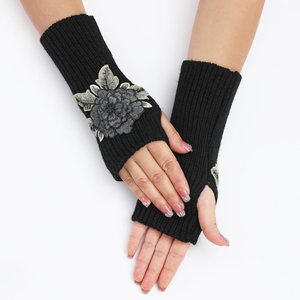 New Autumn and Winter Women's Knitted Woolen Sleeve Sleeves Half Finger Exposed Gloves Fashionable and Warm Short Wrist Guards Flower Gloves