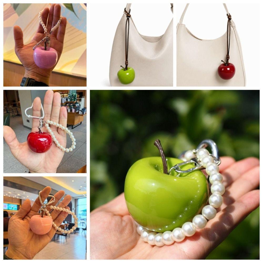 Red Fruit Bag Charm Resin Craft Pearl Key Ring Heart Pendant Fruit Key Chain Holiday Party
