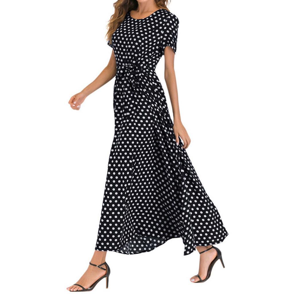 Fashion Women  Short Sleeve Beach Polka Dot Bandage Long Maxi Dress