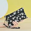 PU Leather Money Coin Purse Wear-resistant with wrist strap Credit Card Holoder Daisy Printed Zipper Phone Bag for Women Maiden