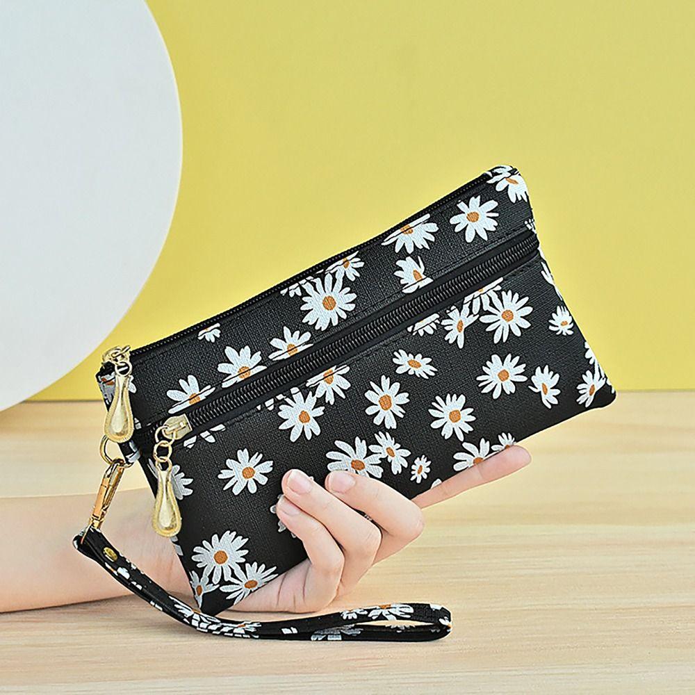 PU Leather Money Coin Purse Wear-resistant with wrist strap Credit Card Holoder Daisy Printed Zipper Phone Bag for Women Maiden
