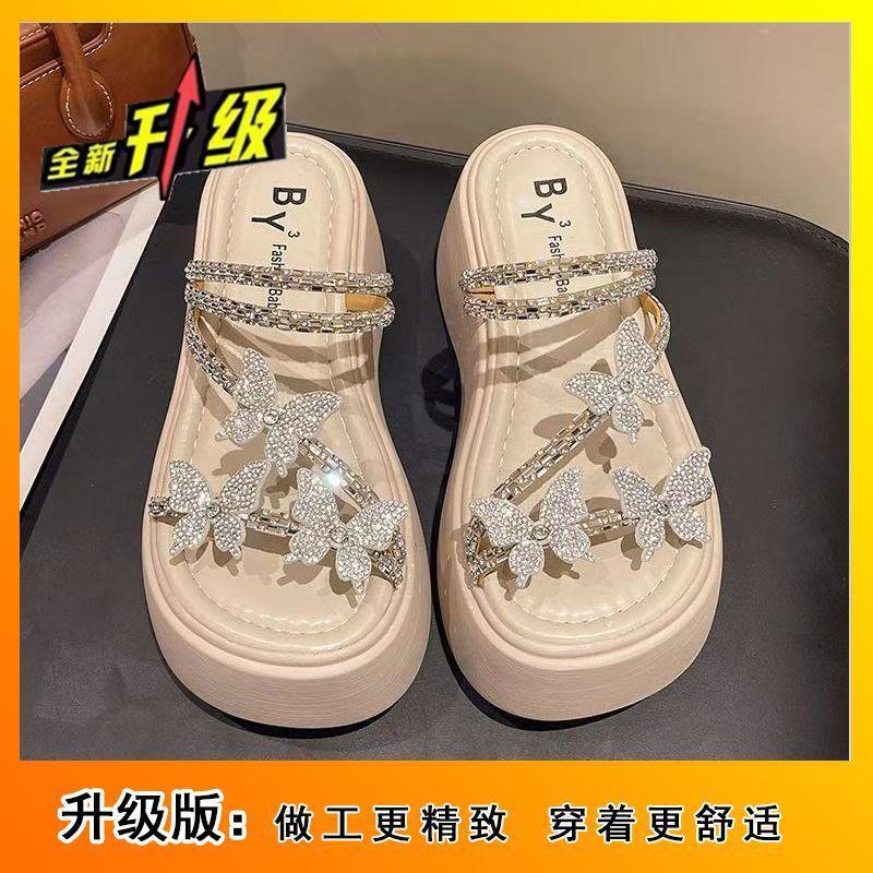 Wear Height-increasing Versatile Fashion Sandals Fairy Two Wear Thick-soled Round Head Lazy Casual Rhinestone Slippers 2025 Summer