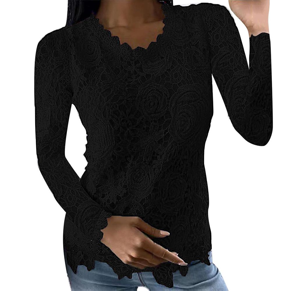 

Женские топы Футболки с длинным рукавом Кружевные облегающие блузки Туники с круглым вырезом Топы Осенняя рубашка Свободный пуловер Блузка 5XL чёрный