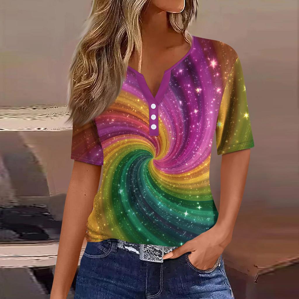 Damen-T-Shirt, T-Shirt, bedruckt, Knopfleiste, kurzärmelig, für den Alltag, Wochenende, modisch, Basic, V-Ausschnitt, normales Oberteil