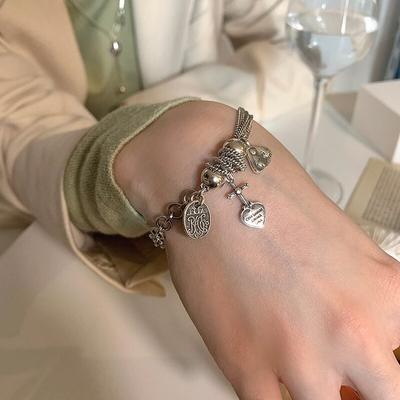 Vintage Punk 925 Sterling Silver Cross Heart Charm Bracelet &Bangle For Women Girls Jewelry Sl018