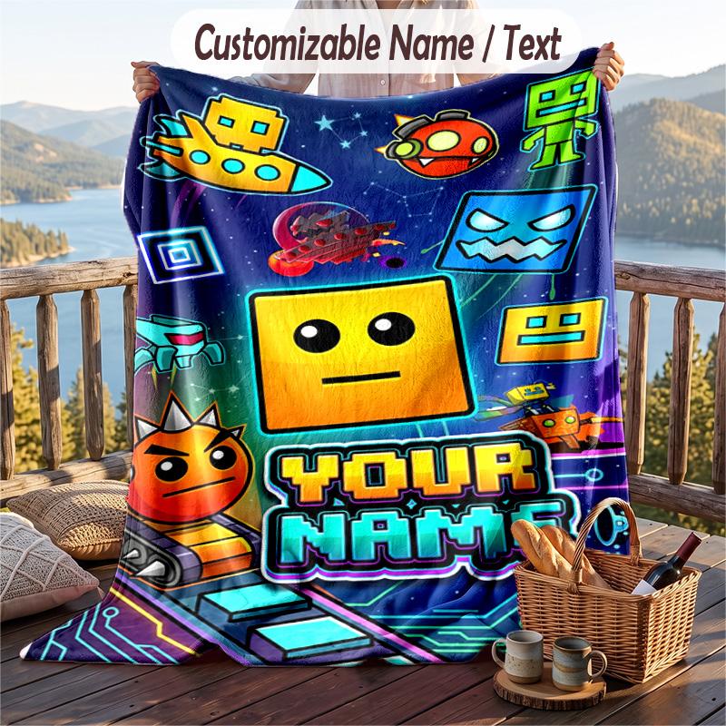 Geometry Dash Flannel Blanket, Personalized Custom Name Text, Soft Warm Plush Throw Blanket For Gift