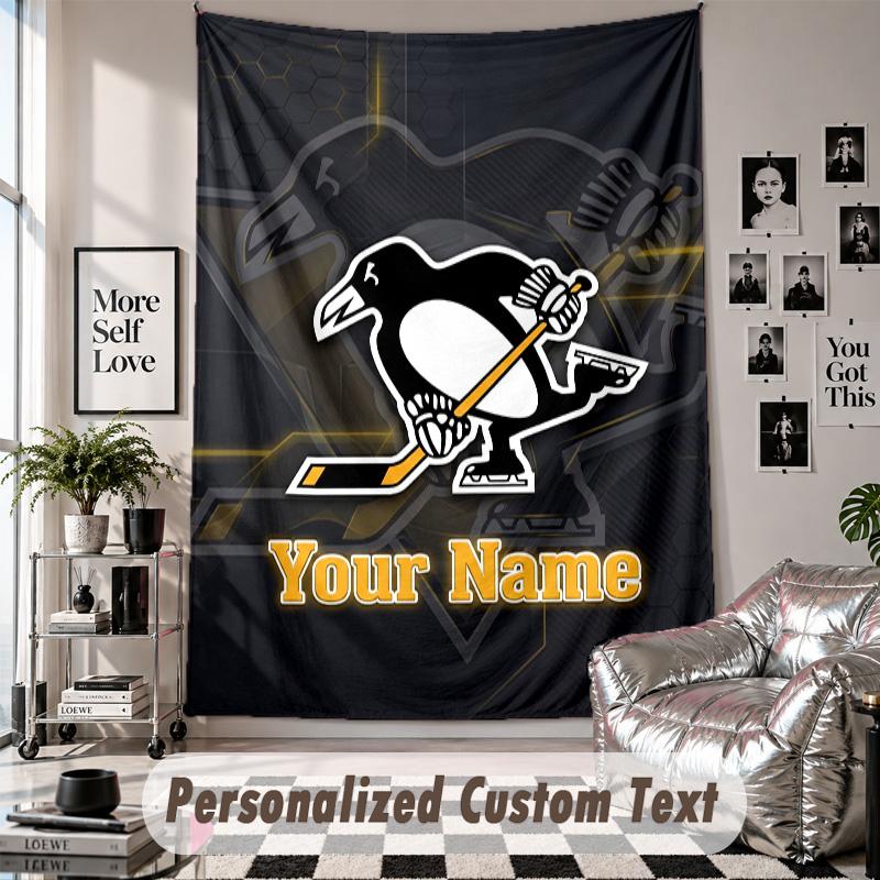 Wall Hanging Tapestry With Custom Name & Text, Pittsburgh Penguins Decorative Tapestry For Bedroom