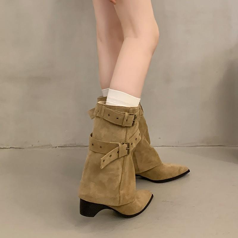 Autumn Winter Hottie Belt Buckle Women Ankle Boots Fashion Pointed Toe Thick Heels Ladies Western Cowboy Booties