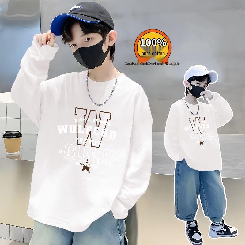 Trendiges Herbst-Baumwoll-Langarmshirt für Jungen - Lässiger lockerer Schnitt mit stylischem Buchstabenaufdruck