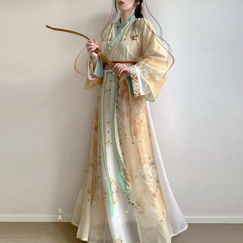Chinese Jin Dynasty Style Hanfu, Cross-neck One-piece Waist-length Skirt, Daily Three-piece Set