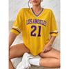 Nové tričko s potiskem Los Angeles č. 21 pro ženy Letní V-výstřih Krátký rukáv Sportovní Fotbalový dres Volné Oversized topy