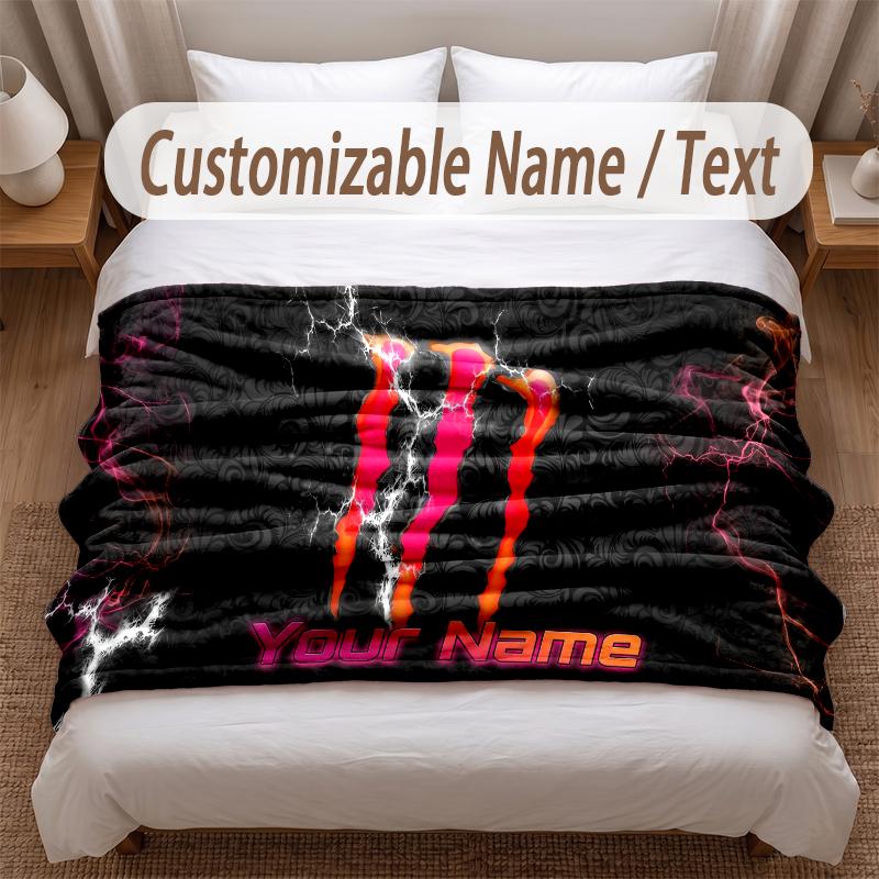 Monster Energy bedruckte Flanelldecke mit individuellem Namenstext, weich und warm, Überwurf für Schlafzimmer, Weihnachtsgeschenk