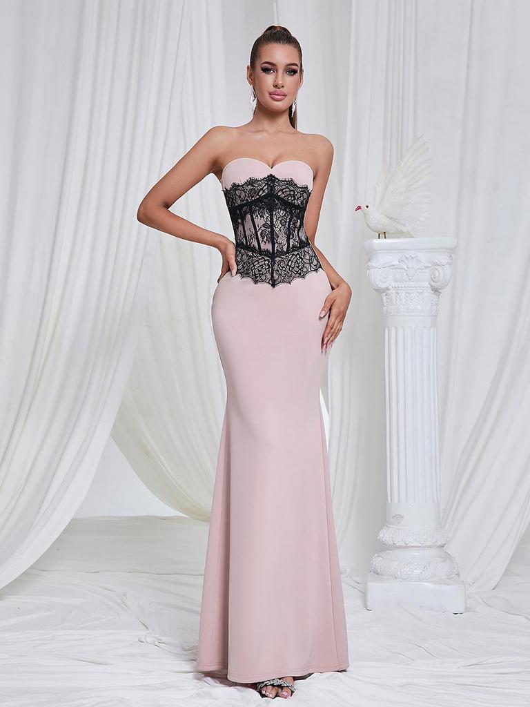 Robe de soirée ajustée à patchwork de blocs de couleur en dentelle sans bretelles style européen américain