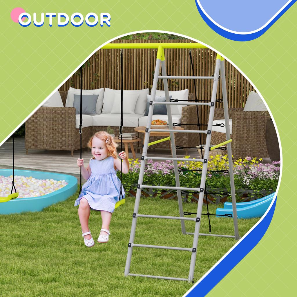 Four-In-One Metal Garden Swing Set, with Two Swings, Climber, Climbing Net - Green