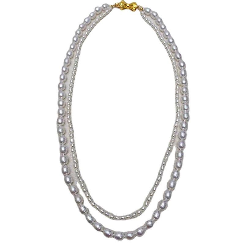 Double Stacked Natural Freshwater Pearl Necklace 11k Note French Premium Bow Rice Pearl Clavicle Chain