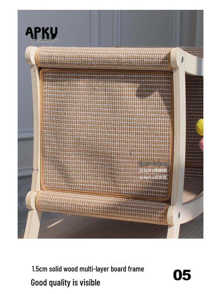 Two-Story Cat Bed with Rattan Mat, Sisal Scratching Post & Solid Wood Frame