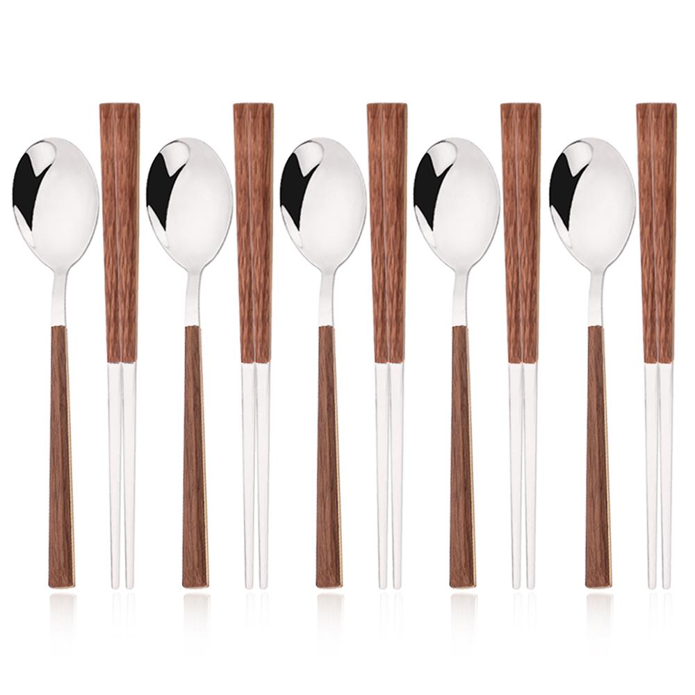 

Золотой 10 шт. Набор портативных столовых приборов в корейском стиле, имитация дерева, ложка, набор палочек для еды, набор посуды для путешествий на открытом воздухе, кемпинга