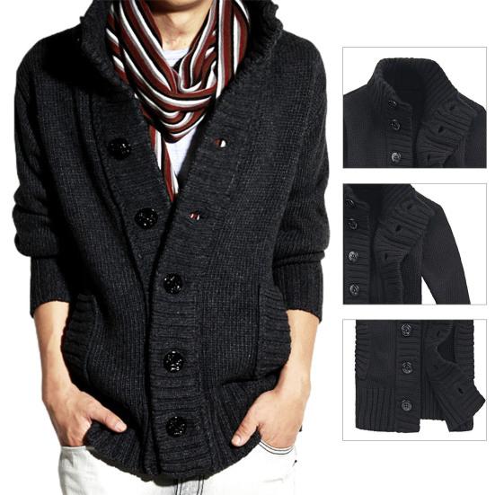 Stehkragen Langarm Herren Strickjacke Seitentaschen Knopfverschluss Einfarbig Pullover Mantel Strickware