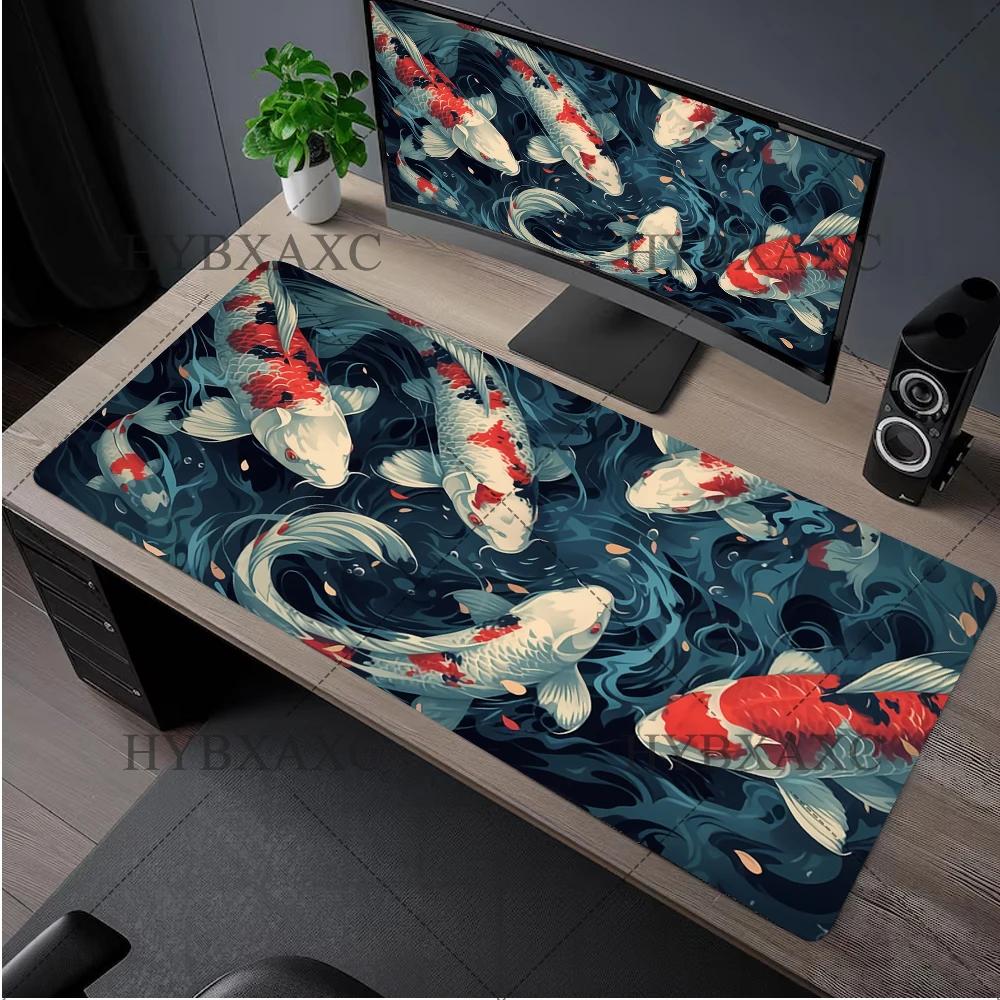 Japanese Desk Mat Black  White Mouse Pad Koi Fish Japan Art Seal Yinyang Fish Large XL Gaming Deskmat Rubber Mousepad X