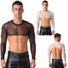 Mens See-Through Mesh Long Sleeve Crop Top Mock Neck Beach Cover-Up Clubwear Sheer Nightclub Shirt