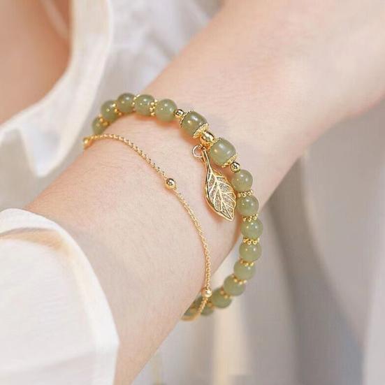 Women Bracelet Faux Jade Smooth Bead Leaf Peatnut Pendant Good Luck Adjustable Length Rhinestone Lady Bangle Prom Daily Wrist Jewelry