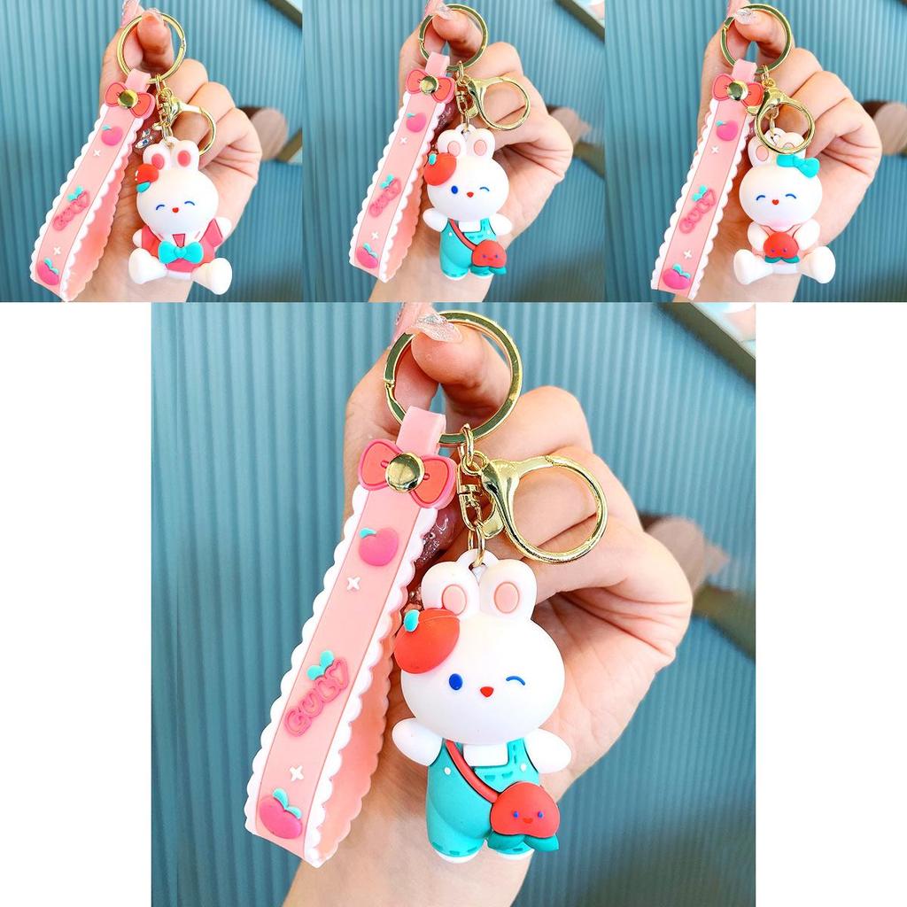Adorable Cartoon Bunny Keychain Soft Rubber White Rabbit Peach Dressed