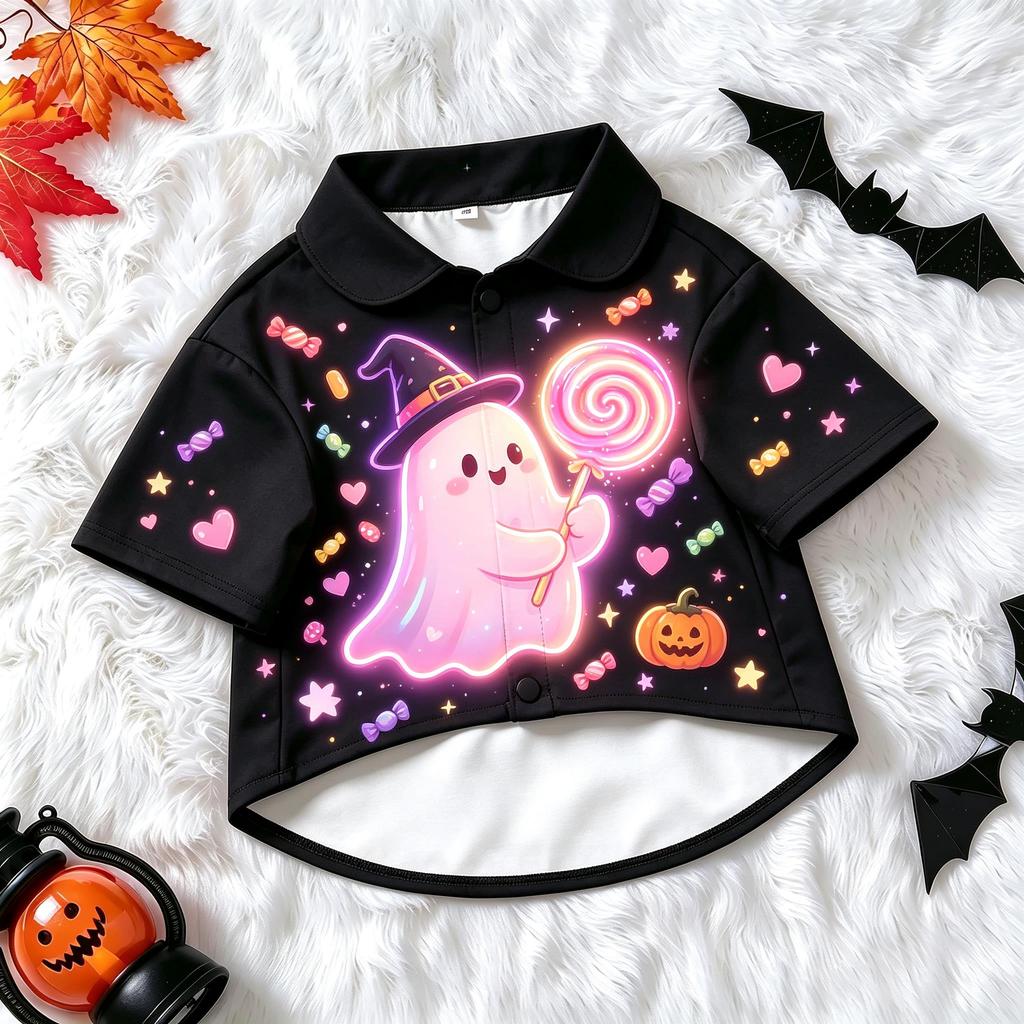 Pet Dog Shirt Glowing Pumpkin Ghost Witch Hat Print Breathable Button Up for Small Medium Dogs Cute Halloween Theme Party Wear