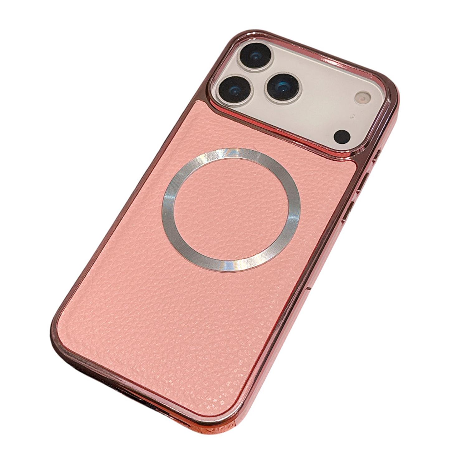 For iPhone 17 Pro Magnetic Case Electroplating Litchi Texture PU TPU PC Phone Back Cover C