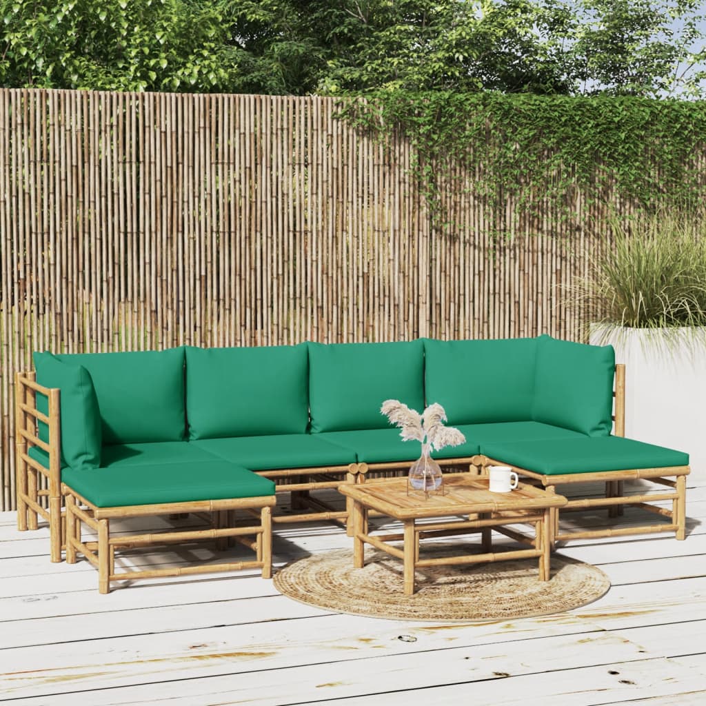 7 Piece Garden Lounge Set with Green Cushions Bamboo Brown