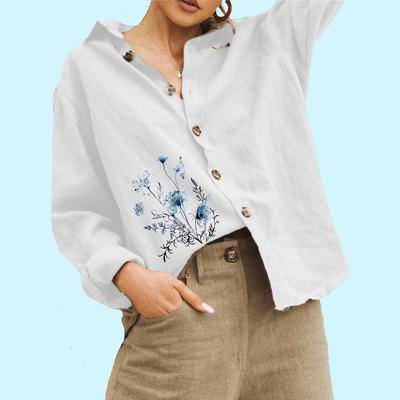Women Fashion Flower Print Blouse Summer&fall Casual Linen Shirt Loose Buttoned Long Sleeved Top