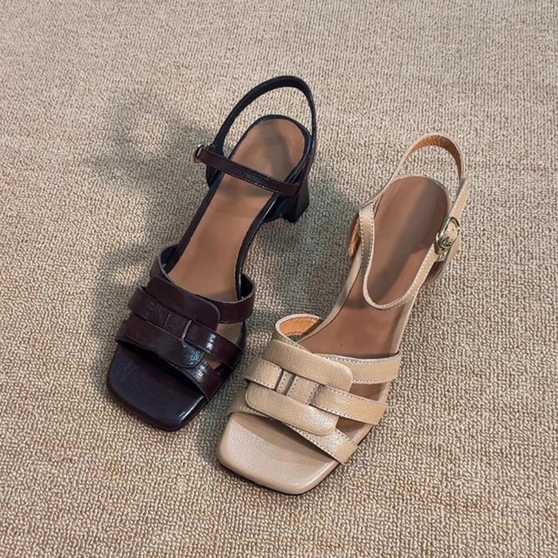 Fashion Summer 2025 New Toe Exposed Square Toe Thick-heeled Sandals for Women's Fashion, Wearing High-heeled Roman Shoes On Top