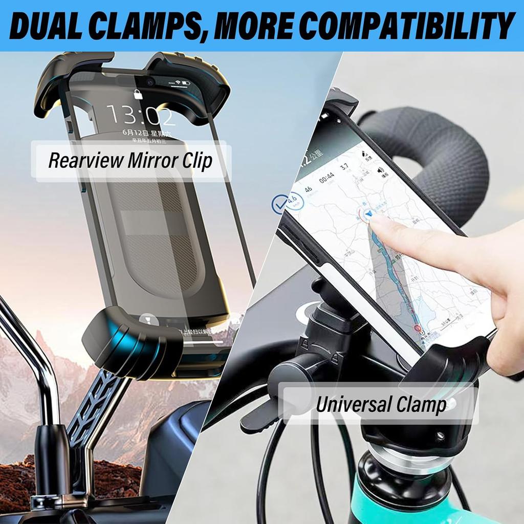 Bike Motorcycle Phone Holder With 2 Clamps, [New Generation] Bicycle Cell Phone Mount Better Suited For Flat Handlebars & Bicycle Stems, Electric