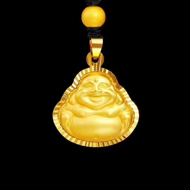 Gilt Brass Guanyin and Maitreya Buddha Pendant Necklace in Vietnamese Sand Gold for Men and Women