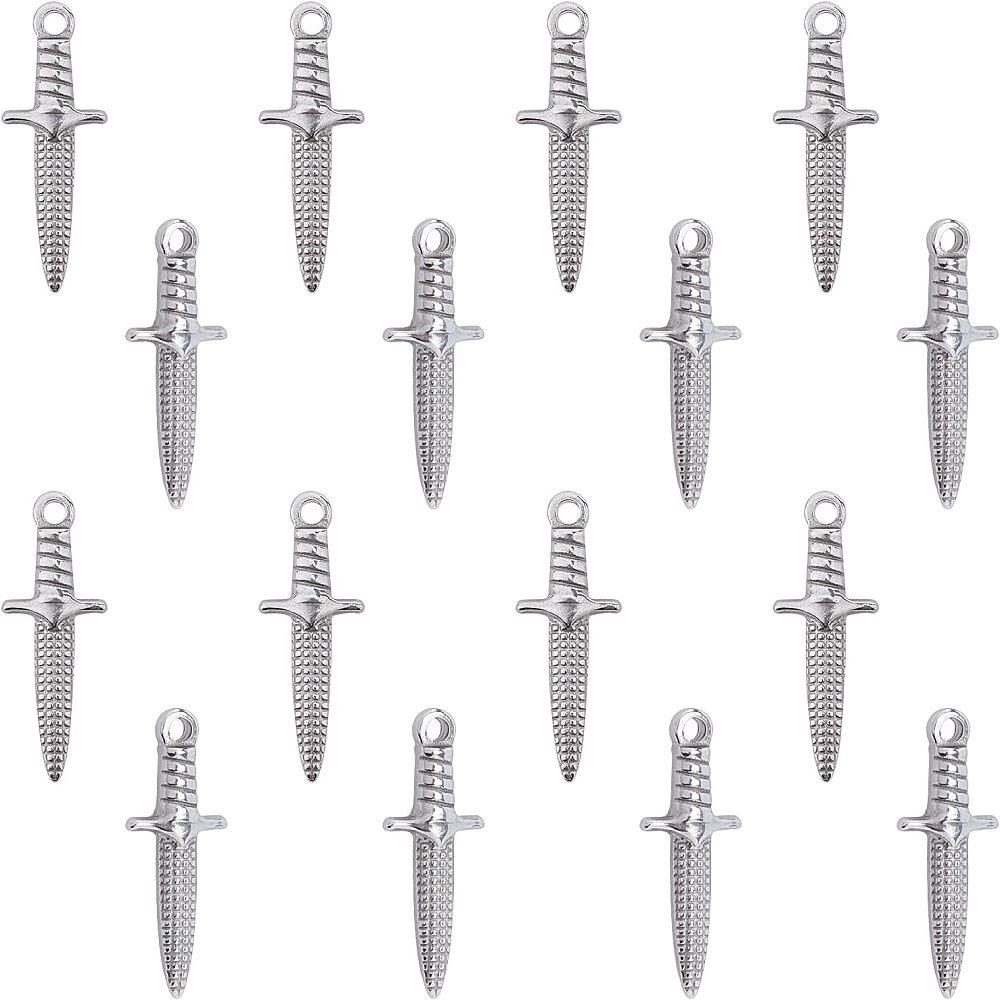 304 Stainless Steel Pendants Dagger Stainless Steel Color 24x9x3.5mm Hole: 1.6mm 16pcs/box