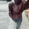 Women's Leather Jacket Stand Collar Pocket Short Coat Retro Waistband Zipper Outwear Autumn Winter Lad Jackets