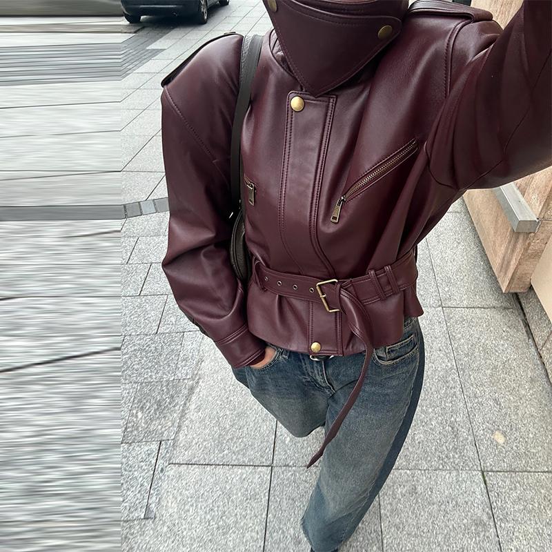 Women's Leather Jacket Stand Collar Pocket Short Coat Retro Waistband Zipper Outwear Autumn Winter Lad Jackets